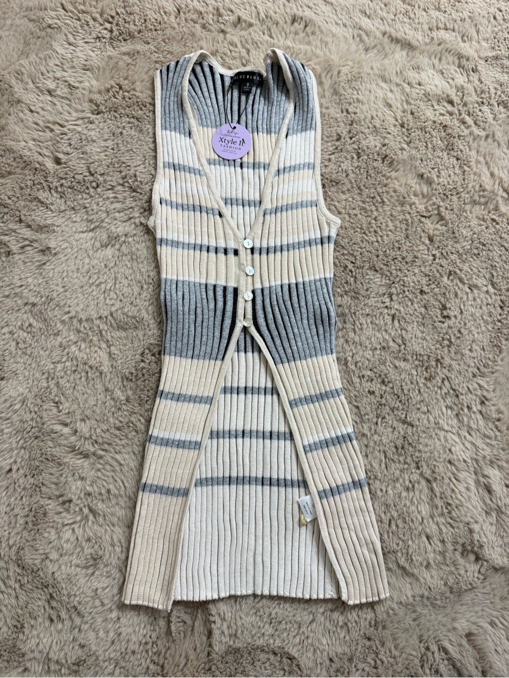 Sleeveless Ribbed Button-Front Tank Top — Cream & Gray Stripe